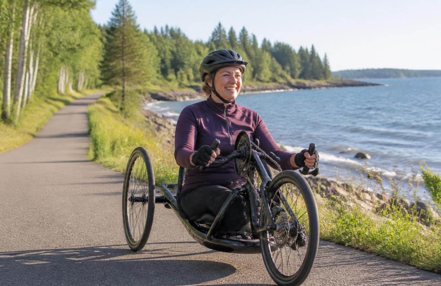 A cyclist riding a three-wheeled handcycle on a paved lakeshore trail lined with birch and pine