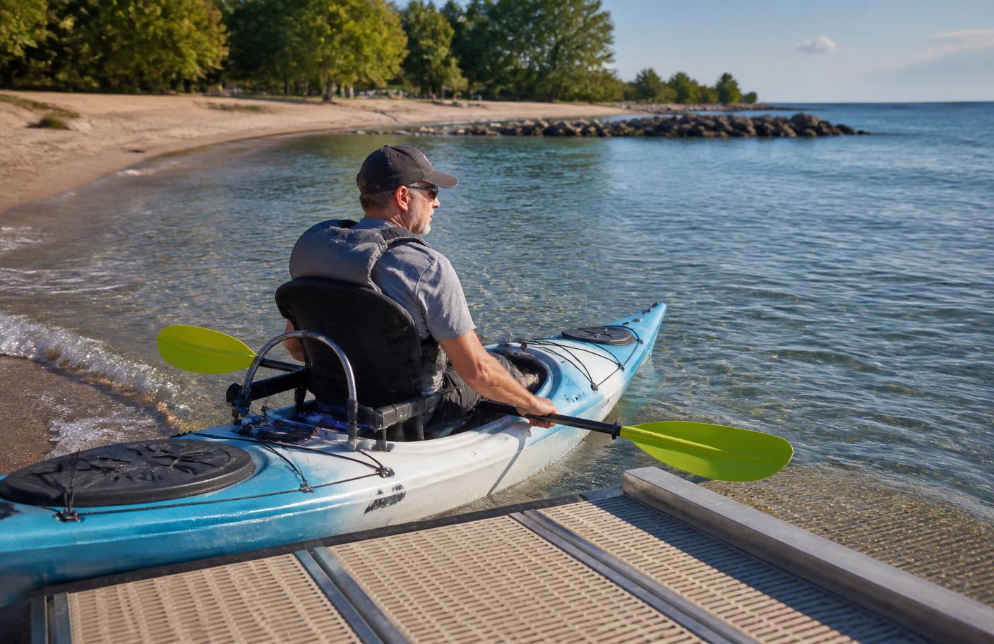 A paddler with adaptive seating in a sea kayak setting off from an accessible kayak launch on a Lake Superior beach