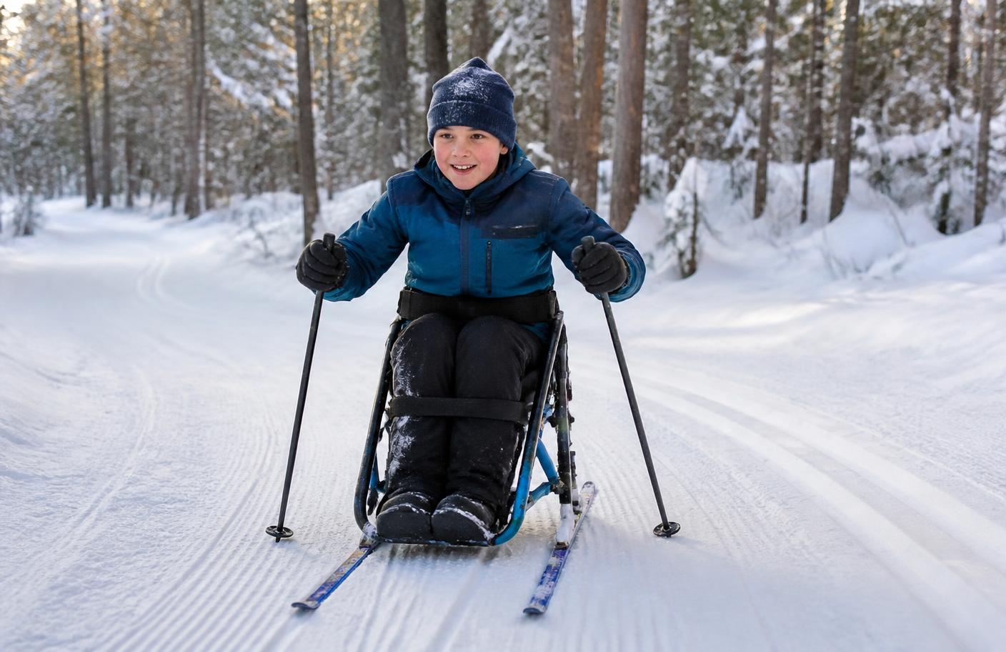 A young skier using a nordic sit-ski with short poles on a groomed cross-country trail through snowy pine forest